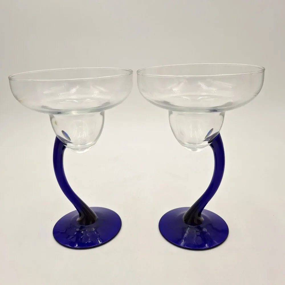 Libby Bravura Margarita Glasses Cobalt Blue Curved Stem 7.25